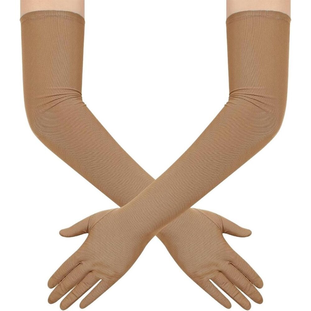 Women's Tulle Mesh Khaki Long Stretchy Gloves Halloween Party Wedding Costume
